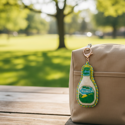 Needlepoint ranch dressing bottle bag charm in green and yellow with multicolor rope trim and gold tone clasp