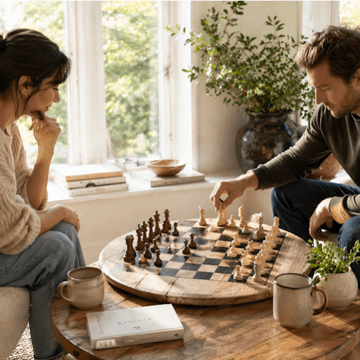 Two people playing chess on a whiskey barrel head chess board in a cozy living room with natural light.