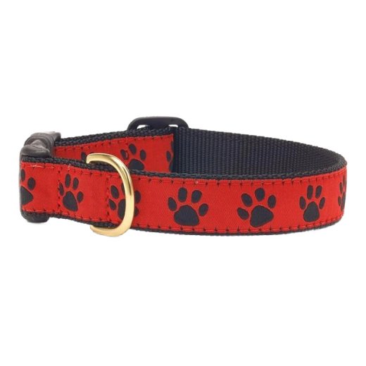 Dog collar with red background and black paw prints 
