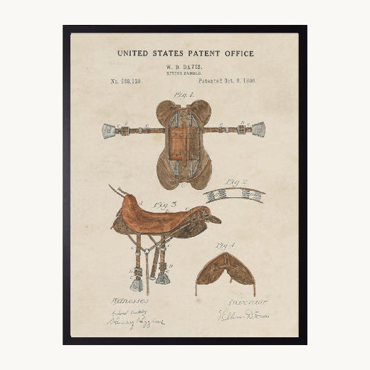 1896 U.S. Patent Office riding saddle drawing on aged parchment professionally framed in black. The Red Hound Gifts.