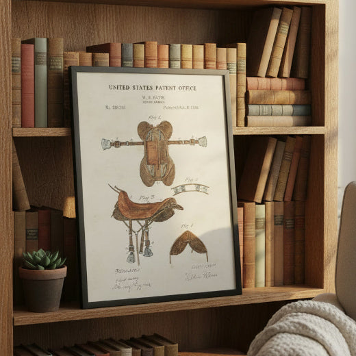 1896 U.S. Patent Office riding saddle drawing on aged parchment professionally framed in black. 