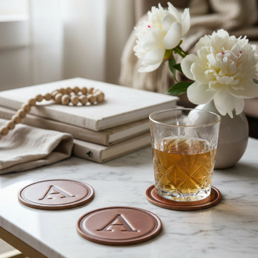 Signature leather initial coaster embossed with the letter A on a rustic wood surface — The Red Hound Gifts