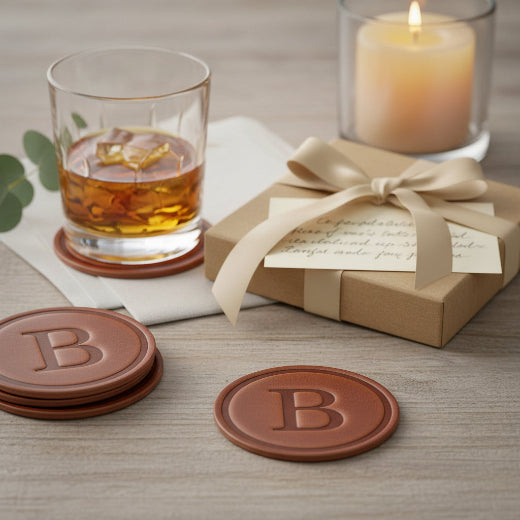 Signature leather initial coaster embossed with the letter B  — The Red Hound Gifts