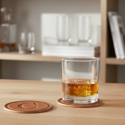 Signature leather initial coaster embossed with the letter C  — The Red Hound Gifts