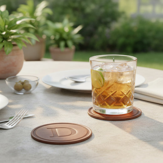Signature leather initial coaster embossed with the letter D  — The Red Hound Gifts