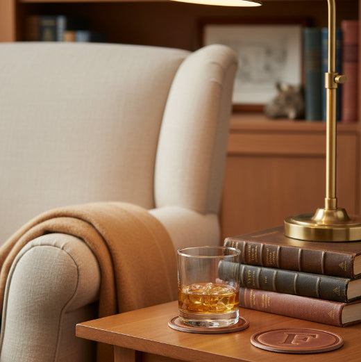 Signature leather initial coaster embossed with the letter F  — The Red Hound Gifts