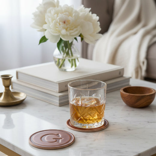 Signature leather initial coaster embossed with the letter G  — The Red Hound Gifts