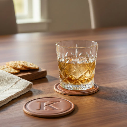 Signature leather initial coaster embossed with the letter K  — The Red Hound Gifts
