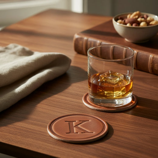 Signature leather initial coaster embossed with the letter L — The Red Hound Gifts