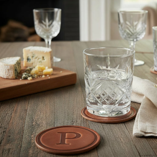Signature leather initial coaster embossed with the letter P  — The Red Hound Gifts