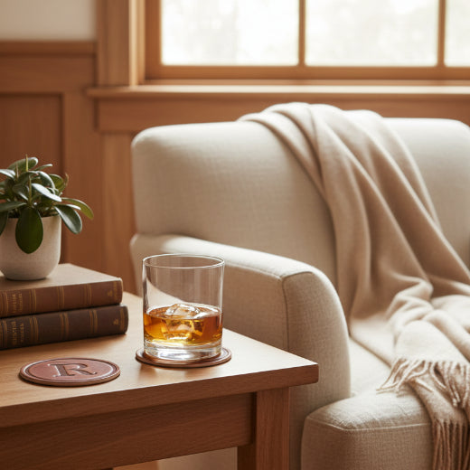 Signature leather initial coaster embossed with the letter R  — The Red Hound Gifts