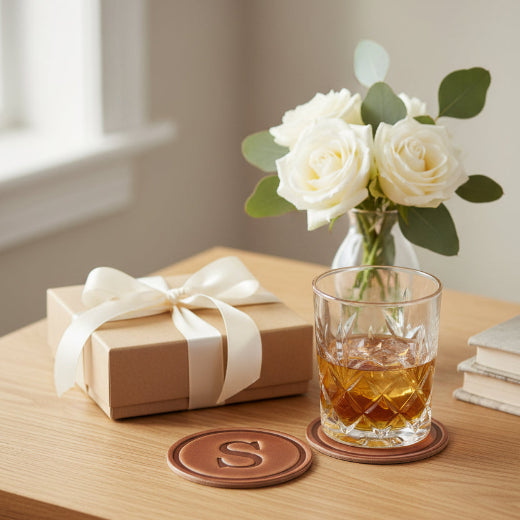 Signature leather initial coaster embossed with the letter S  — The Red Hound Gifts