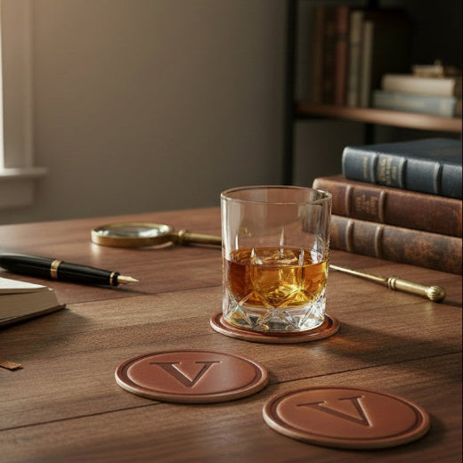Signature leather initial coaster embossed with the letter V  — The Red Hound Gifts