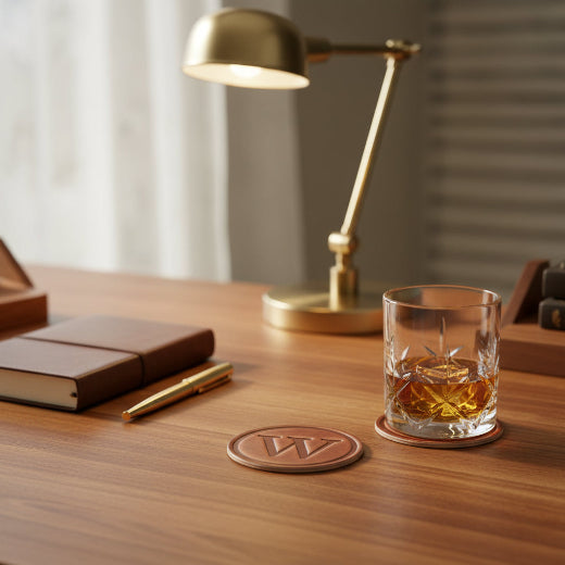 Signature leather initial coaster embossed with the letter W  — The Red Hound Gifts