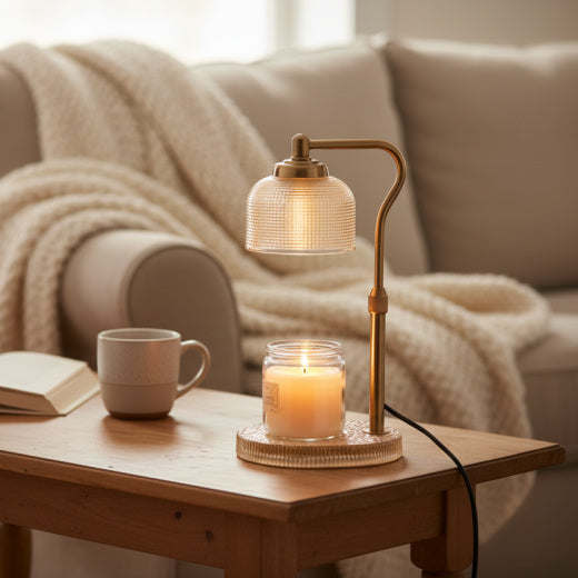 Decorative candle warmer lamp with neutral glass shade and gold lamp arm