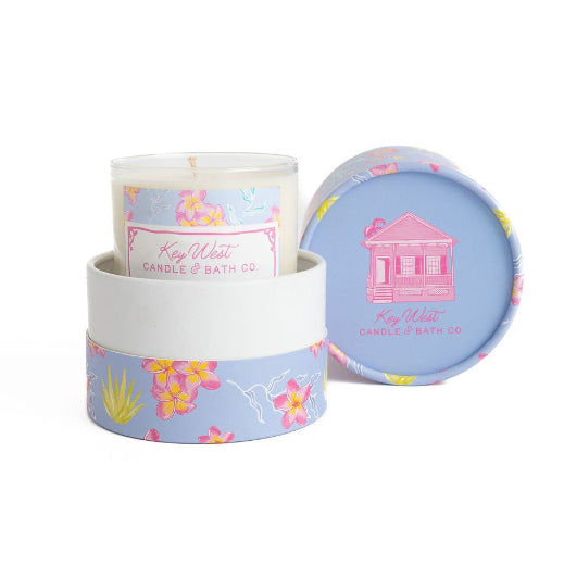 Southernmost Breeze soy candle in glass vessel with blue floral gift box, aloe sea kelp and plumeria scent, 11.5 oz.