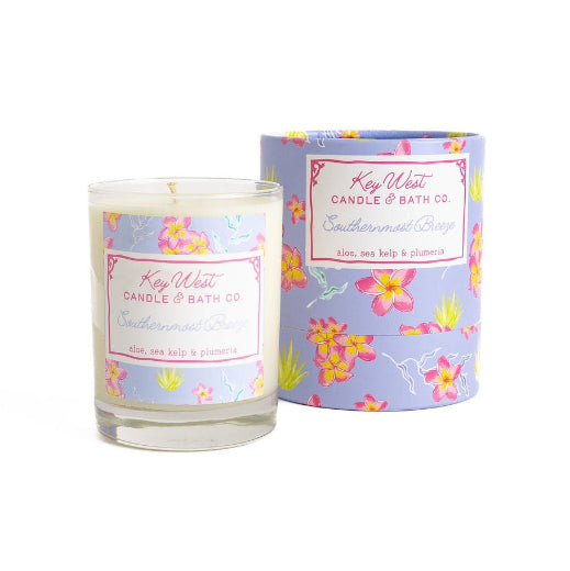 Southernmost Breeze soy candle in glass vessel with blue floral gift box, aloe sea kelp and plumeria scent, 11.5 oz.
