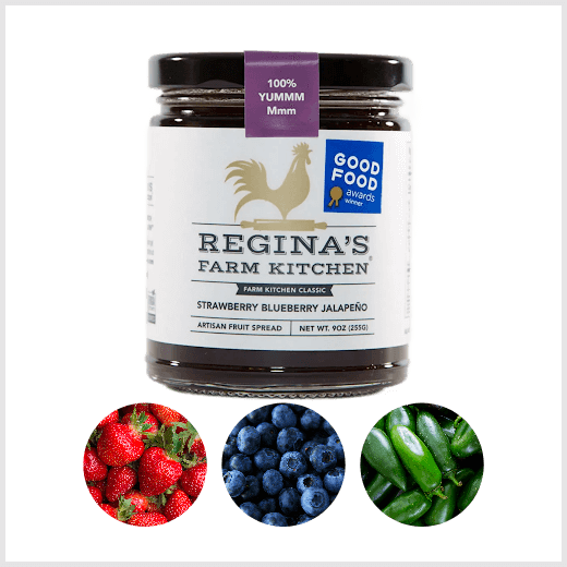 Jar of strawberry blueberry jalapeño spread with Good Food Award logo, surrounded by images of strawberries, blueberries, and jalapeños.