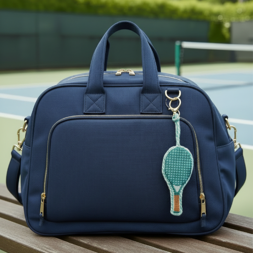 Keychain with needlepoint tennis racket design