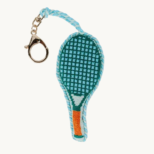 Keychain with needlepoint tennis racket design
