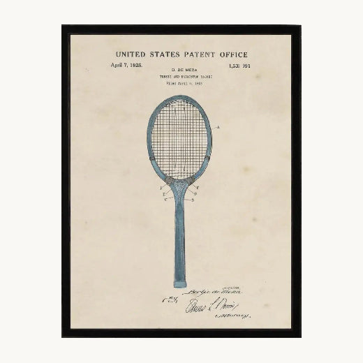 A framed vintage tennis patent print featuring a blue technical drawing of a tennis racket on an aged beige paper background, enclosed in a black frame.