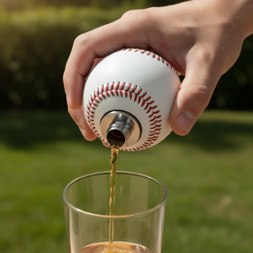 Baseball-shaped flask on a baseball field background