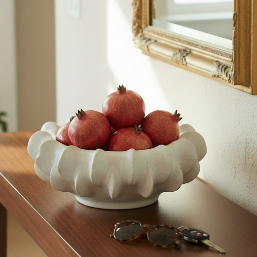A white ceramic compote bowl with a ruffled rim, filled with pomegranates on a foyer table with sunglasses and keys sitting to the side of the bowl
