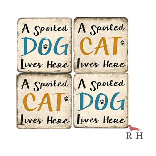 Four coasters with text 'A Spoiled Dog Lives Here' and 'A Spoiled Cat Lives Here' 