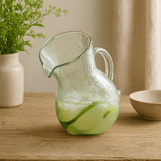 Hand-blown hammered glass pitcher filled with a lime cocktail, styled on a rustic wooden table with a ceramic vase of greenery and a neutral curtain in the background
