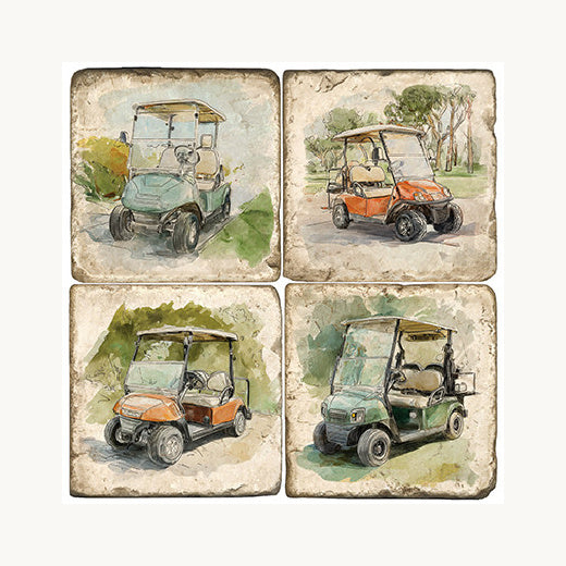 Four different vintage golf cart watercolor designs on individual tumbled marble table coasters, displayed on a clean white background.