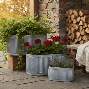 Vintage-Style Oval Metal Dolly Tub Planters, Set of 3