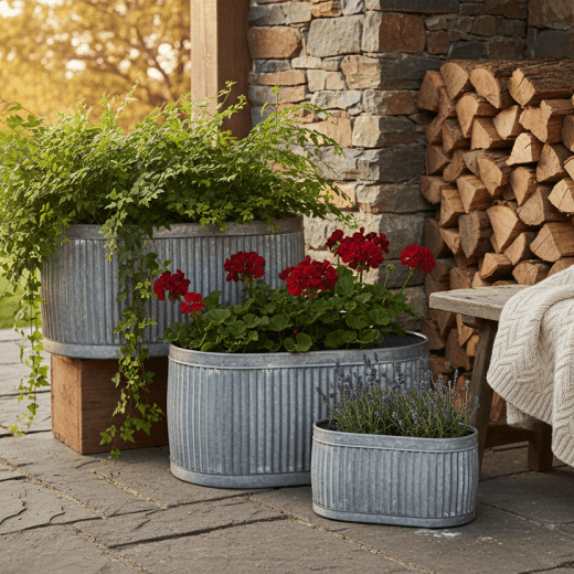 Decorative metal planters with plants and flowers on a stone patio next to stacked firewood.