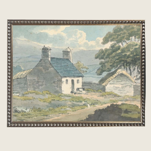 Vintage Watercolor Hillside Barn & Cottage Art | Framed