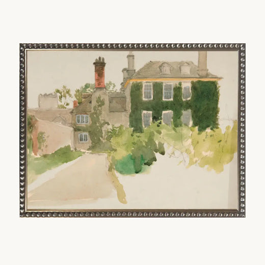 Vintage watercolor of an ivy-covered Georgian house in soft sage and cream, in a beaded frame.