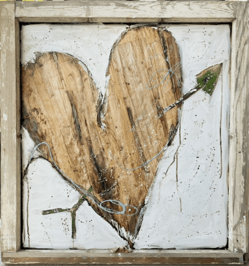 30" square rustic artwork featuring a large distressed brown heart pierced by an arrow, set against a textured white background and framed in a weathered,  recycled, natural wood frame.