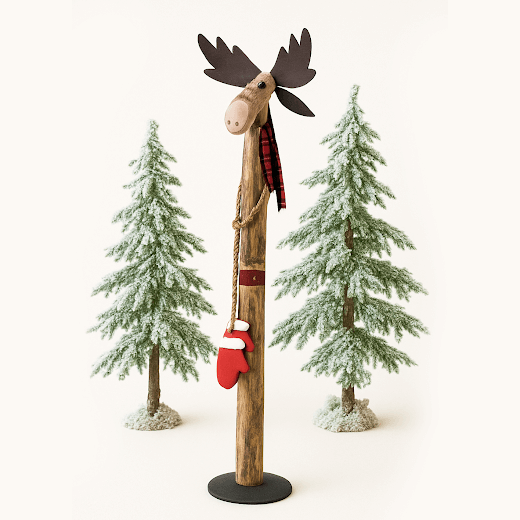 Tall whimsical wooden moose décor figure with iron antlers, rope arms, and a red mitten, standing in front of three snow-covered Christmas trees on a light background