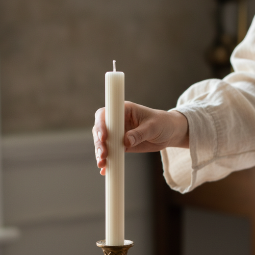 White fluted taper candles, set of 3, unscented —  white with delicate ridged texture — The Red Hound Gifts