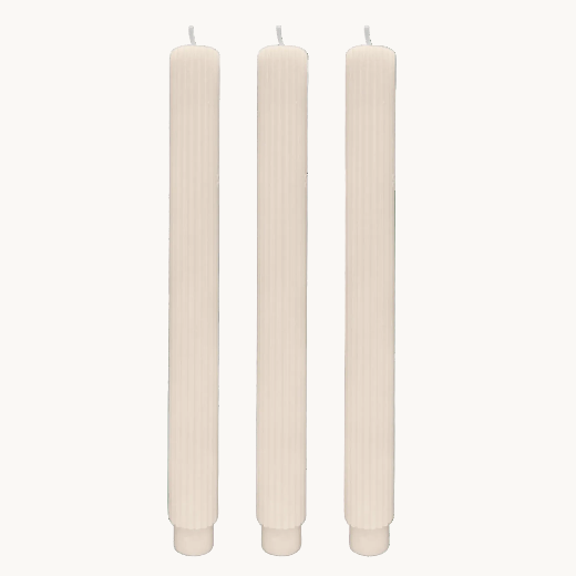 White fluted taper candles, set of 3, unscented —  white with delicate ridged texture — The Red Hound Gifts