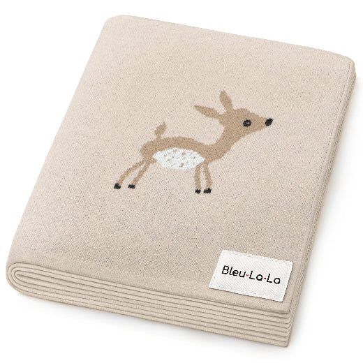 Woodland Deer baby blanket in Meadow Sage — soft luxury cotton knit with baby deer motif, folded flat