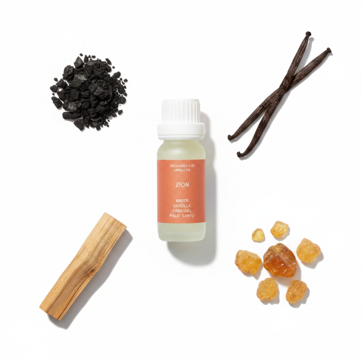 Bottle of 'Zion' diffuser oil on a white background