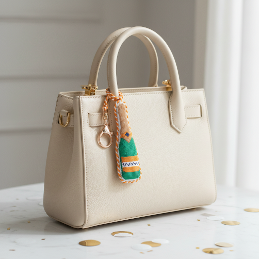 Needlepoint champagne bottle bag charm in green and orange with orange and white rope trim and a gold tone clasp