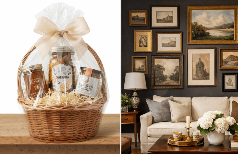 A split image showing a wicker gift basket filled with provisions, wrapped in clear cellophane and tied with a beige bow, on the left, and a styled living room with framed wall art, a sofa, and a coffee table on the right.