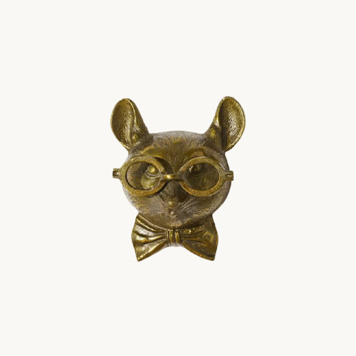 Antique brass finish mouse bust wall mount wearing round spectacles and a bow tie.