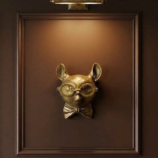Antique brass finish mouse bust wall mount wearing round spectacles and a bow tie.
